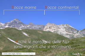 Vista di due tipi di roccia diversi (marine e continentali), uno accanto all'altro. Il testo dice "Anche le montagne delle Alpi sono migranti che si incontrano"