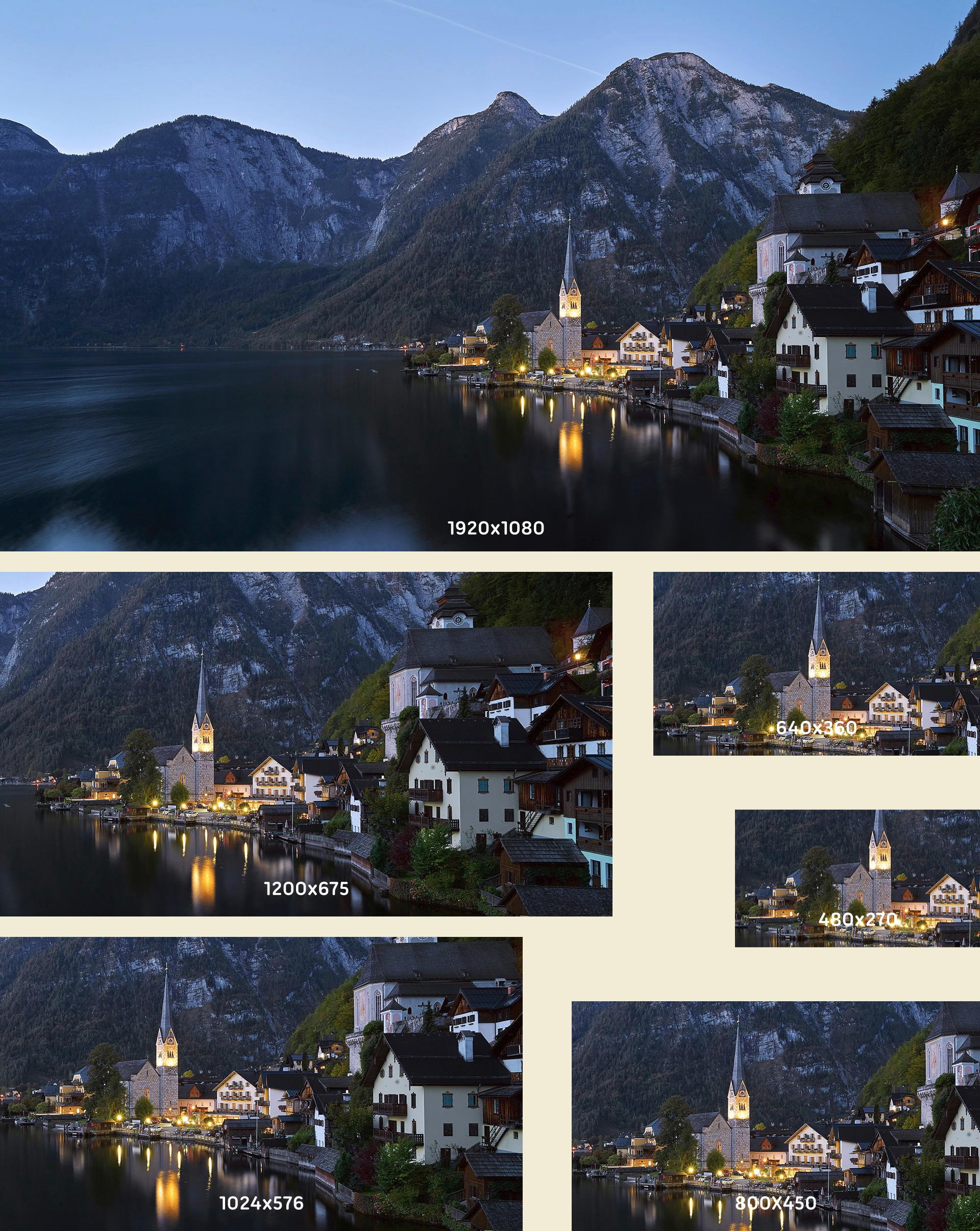 Collage composto da sei versioni della stessa immagine: la più grande è il panorama con il lago montano di Hallstatt, la più piccola mostra solo la chiesa.
