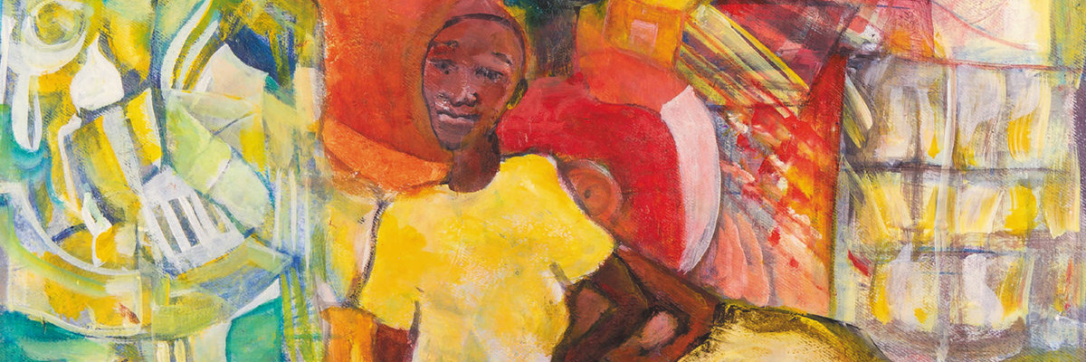 Dipinto di tipo murales che ritrae una donna caraibica seduta