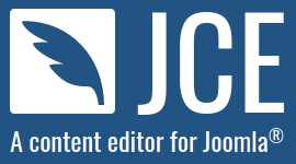 Logo JCE; una penna d'oca stilizzata e lo slogan A content editor for Joomla