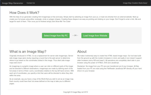 Home page di Image Map Generator. Vi sono due pulsanti che permettono di scegliere l'immagine (dal PC o online)