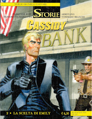 Fuori da una banca, uno sheriffo punta un'arma verso Cassidy