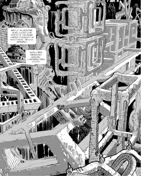 Tavola a piena pagina sullo stile dei disegni impossibili di Escher