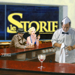 Disegno di un uomo e una donna al bancone di un bar. In primo piano, il barman lava un bicchiere. Sullo sfondo, la scritta "Le storie"